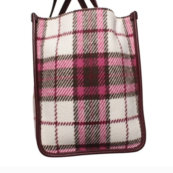 🔥Jimmy Choo Varenne Tote  in Burgundy Check Plaid Wool Logo Embroidery - Picture 5 of 10